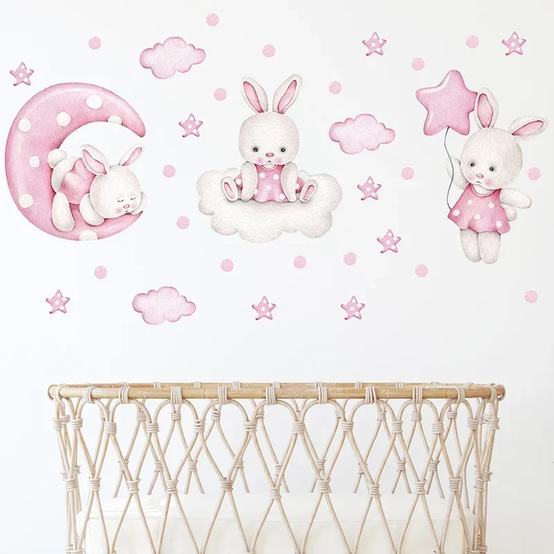 Watercolor 3 Bunnies Rabbit Moon Clouds Stars Wall Stickers for Kids Room Baby Nursery Room Wall Decals Home Decor PVC wall stickers
