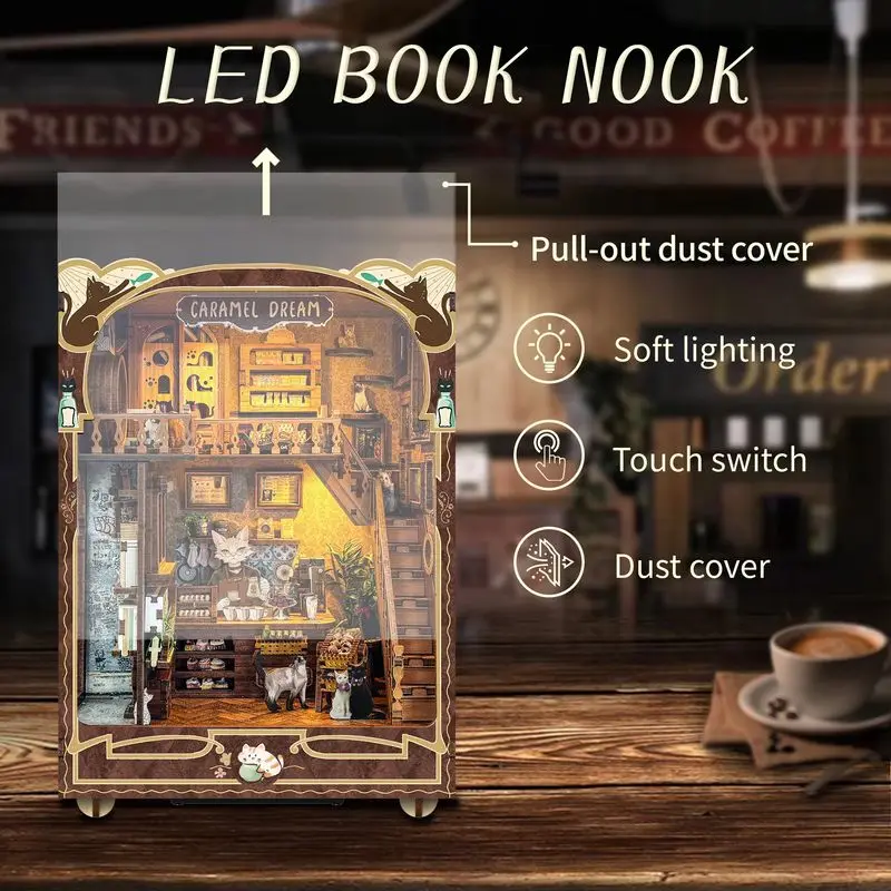 New Wooden Diy Handmade Bookend Book Nook Insert Shelf Caramel Dream Miniature Model Kits With Furniture Bookshelf New Year Gift 4