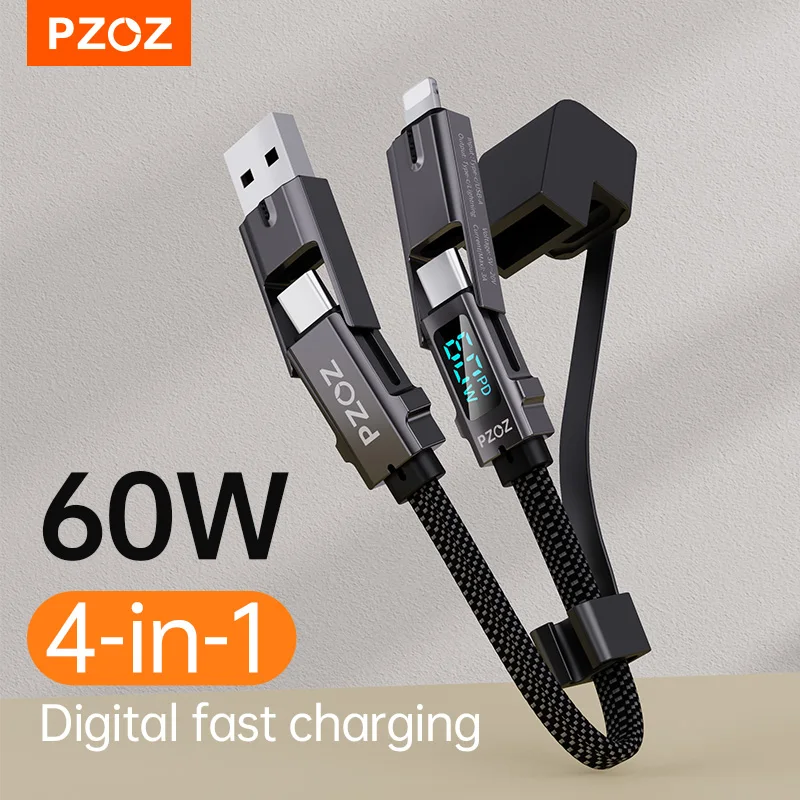 

PZOZ PD USB C кабель 4 в 1 для iPhone 15 14 13 12 Pro Max MacBook iPad USB Type C 60 Вт Цифровой дисплей шнур для быстрой зарядки зарядное устройство