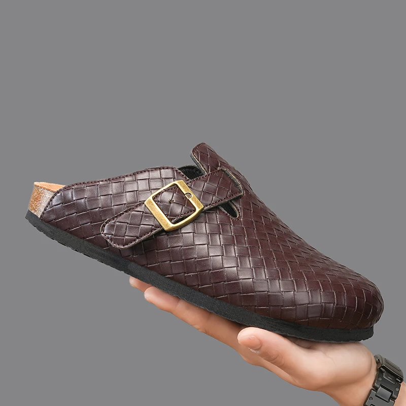 Summer Unisex Adjustable Cork Slippers Men Leather Slides Slippers Black Brown Cover Toe Slipper Dropshipping — view 3