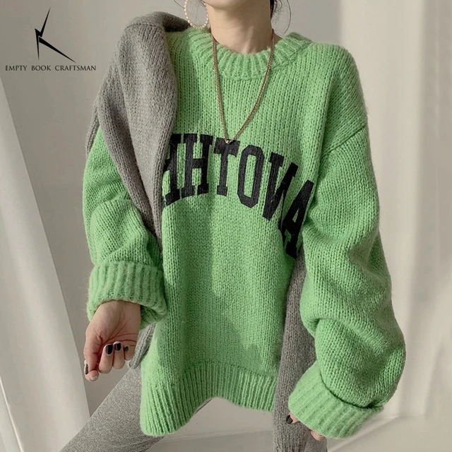 Korean Fashion Autumn and Winter Candy Color Sweater Pullovers for Women Loose Oversized Sweater Letter Knitted Pullovers O Neck 2