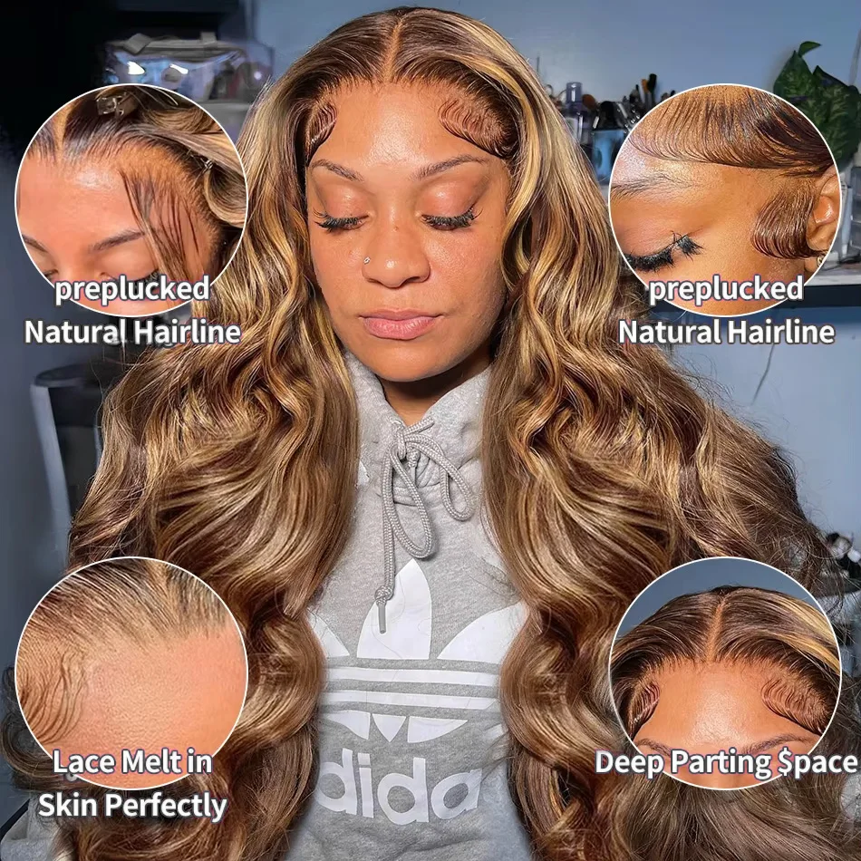 30 40 Inch 250 Density 4/27 Highlight Ombre Blonde Body Wave 13x4 Lace Front Wig Brown Color 13x6 HD Lace Frontal Human Hair Wig 4