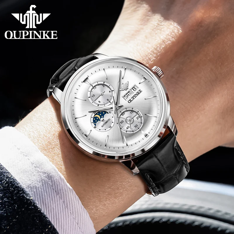 OUPINKE 3309 Automatic Watch Men Deep Waterproof Calendar Fashion Business Man Wristwatch Moon Phase Mechanical Watch For Men
