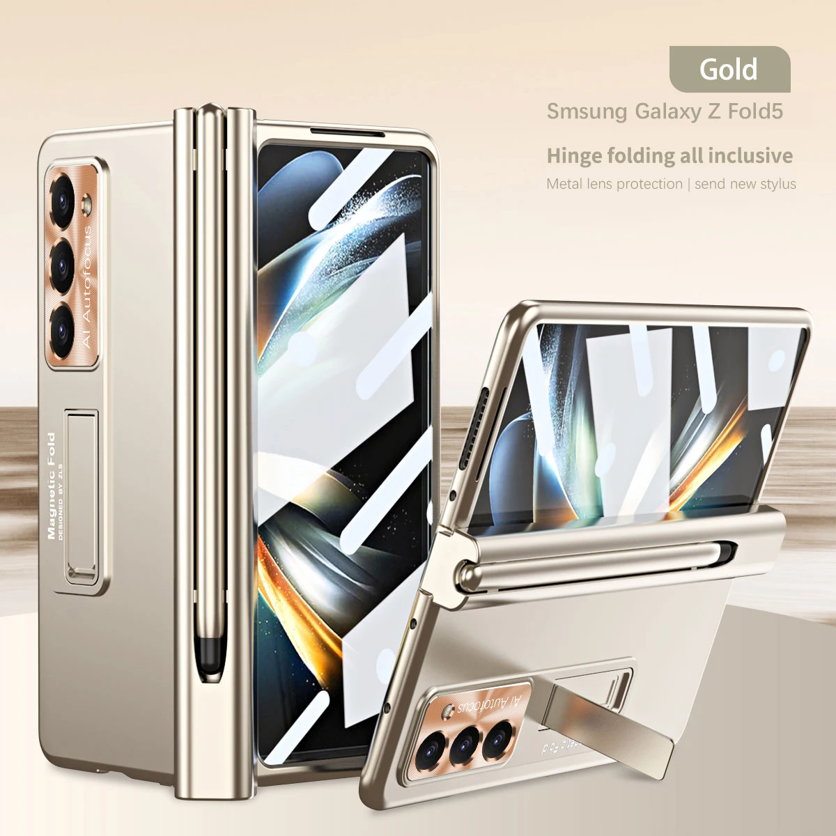 With Touch Pen For Samsung Galaxy Z Fold 5 4 3 6 Case Hinge Magnetic Shockproof Screen Protector Tempered Film Folding Cover