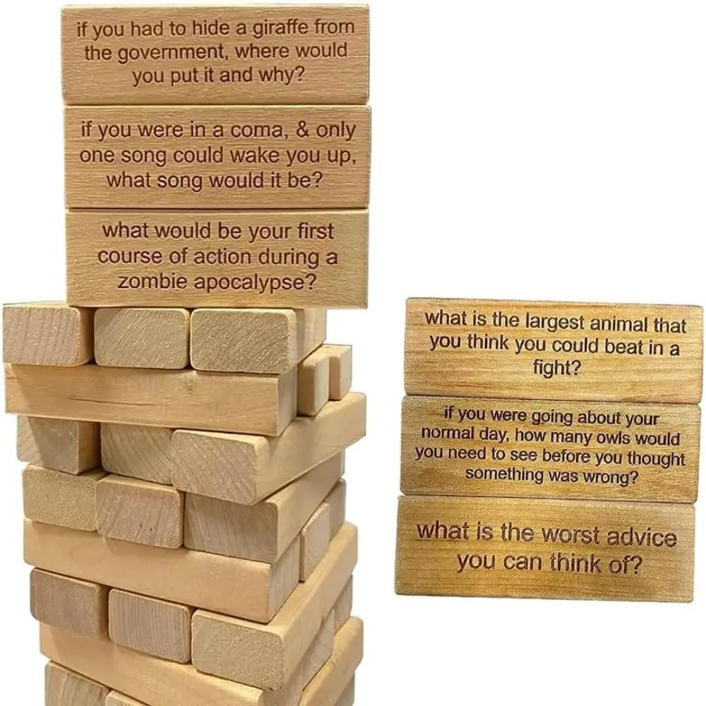 

Develop Social Skills Ice Breaker Questions Tumbling Tower Game Wooden Fun and Challenging Stacking Wooden Block