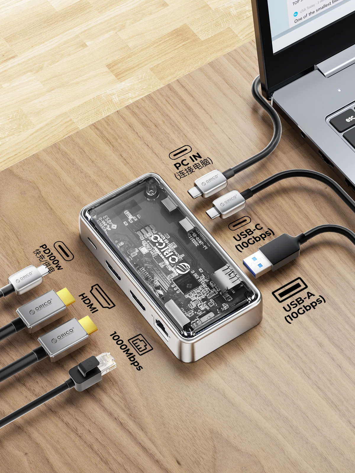 ORICO 금속 USB C 도킹 스테이션, HDMI 호환 USB 3.0 어댑터, RJ45, 맥북 프로 노트북 액세서리, 10Gbps, 4K60Hz