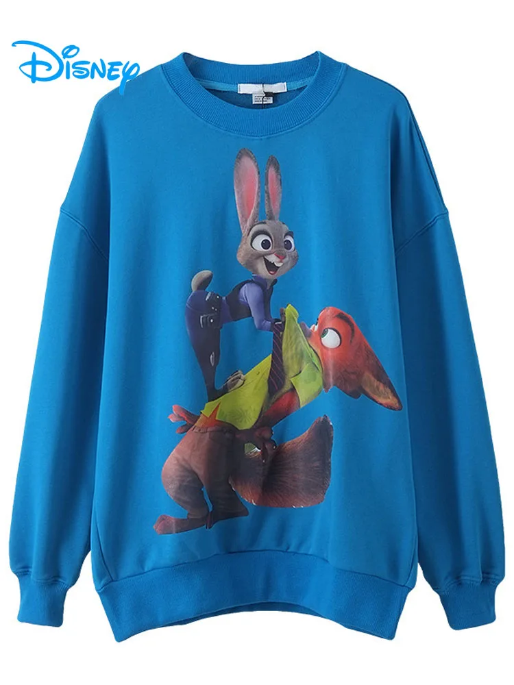

Disney Sweatshirt Women Cartoon Zootopia Judy Hopps Nick Wilde Print O Neck Pullover Harajuku Vintage Female Casual Tops Blue