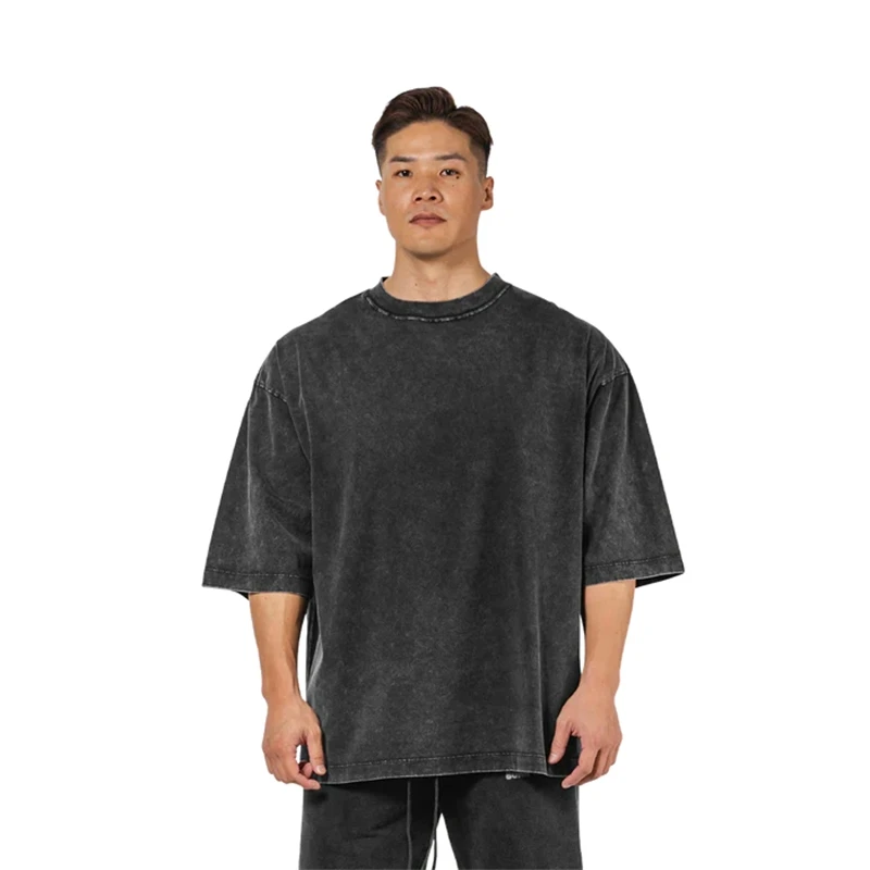 Washed T-Shirt 230G 100Cotton Solid Oversized Loose Fitness Mens Tee Tops Dropped Shoulders Short Sleeve Gym Bodybuilding Shirts
