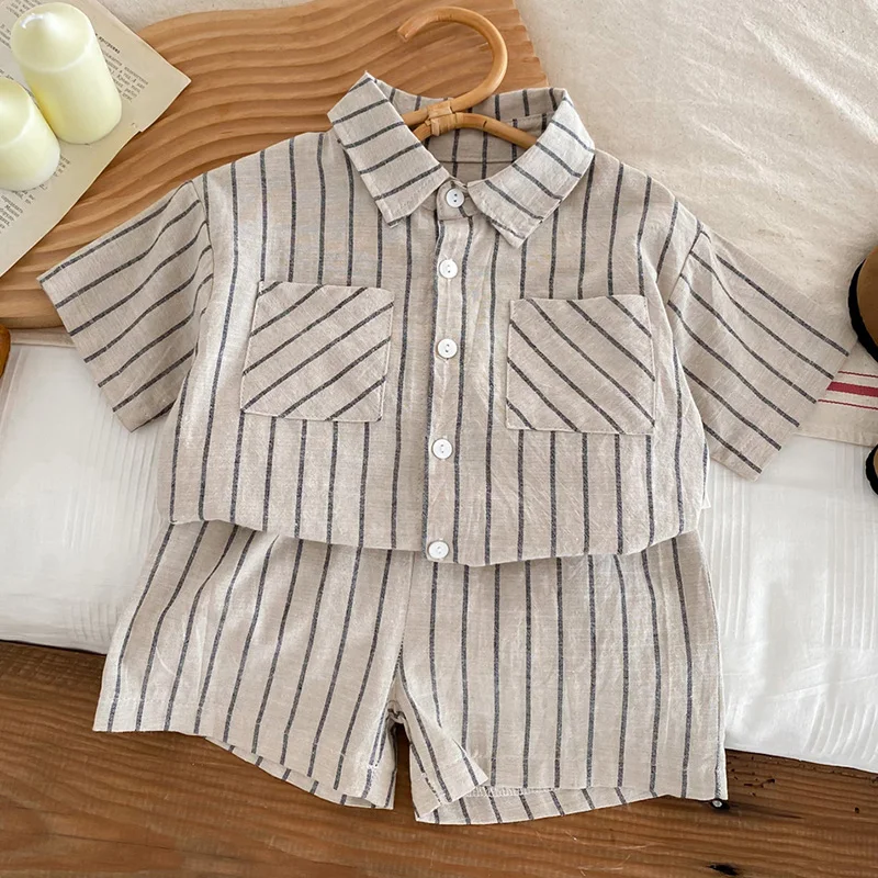 

2024 New Summer Children Clothes Suit Short Sleeved Cotton Striped Shirt+Shorts Baby Boys Clothing Set Korean Japan Style