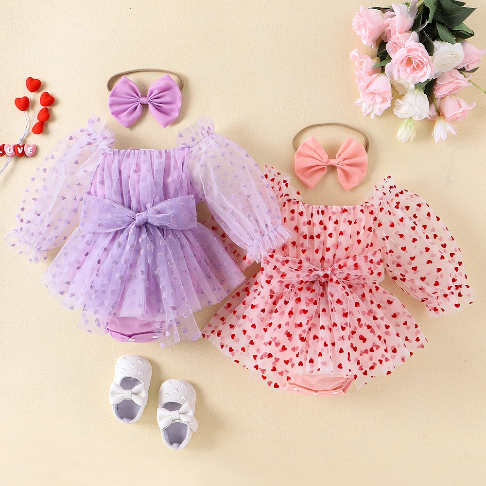 

0-18M Infant Baby Girls Princess Romper Heart Print Long Puff Sleeve Mesh Tulle Jumpsuits With Bow Headband