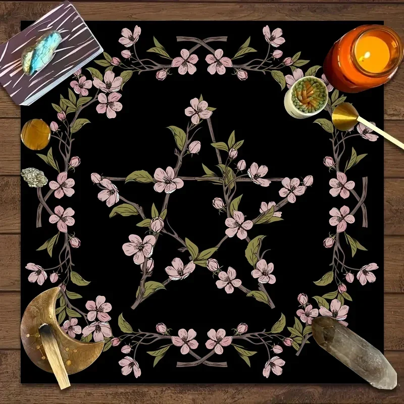1pc Tarot card tablecloth, pentagram flower and plant card, witchcraft altar, divination, board game decoration mat