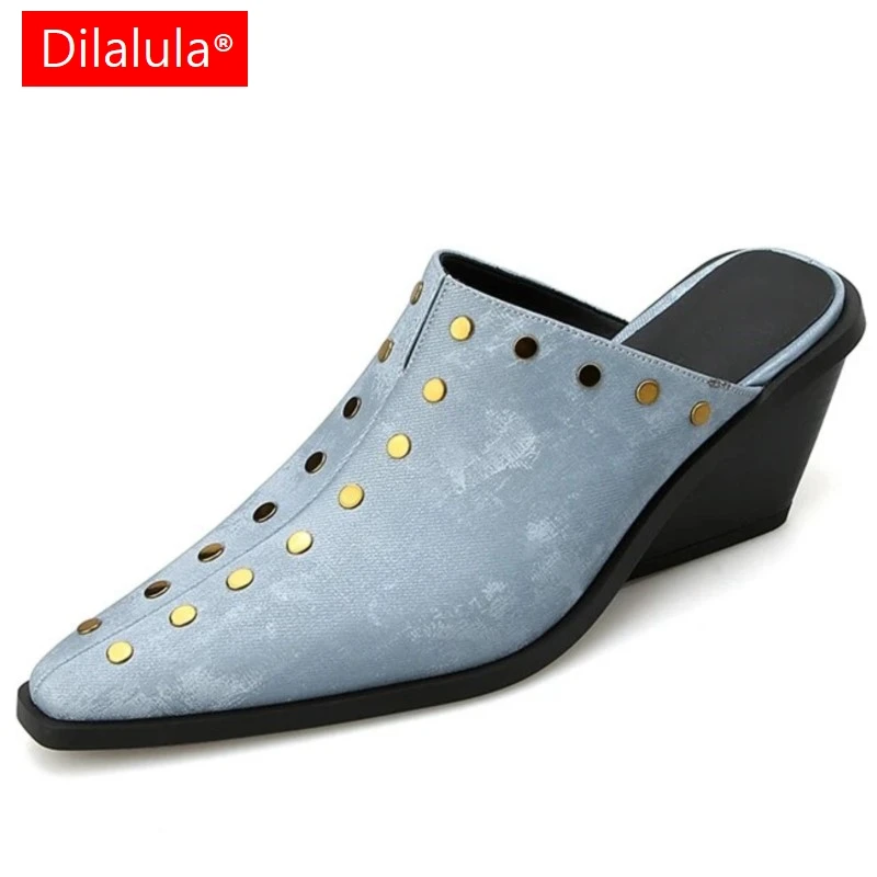 

2024 Newest Genuine Leather Mules Ladies Covered Toe Rivets Comfortable Slippers Women Thick Heels Casual Summer Blue Mules