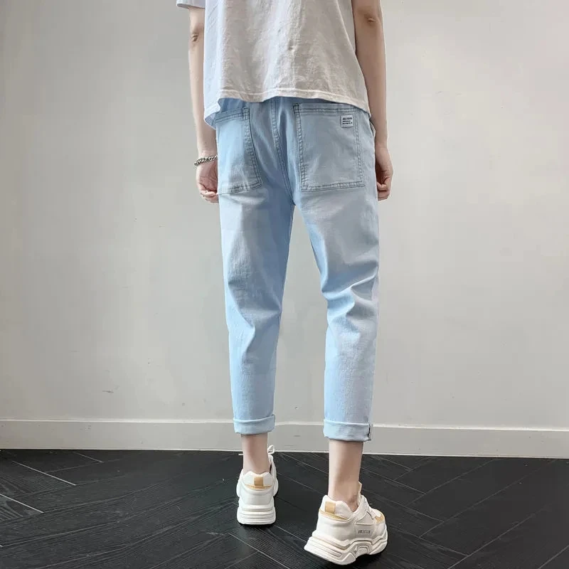 Summer Thin Fashion Men's Jeans 2024 New Korean Loose Straight Student Wide Leg Trendy Men's Elastic Waist Drawstring Pants