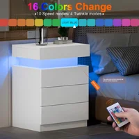 Белая прикроватная тумбочка с 3 ящиками, 4-сторонняя глянцевая прикроватная тумбочка, светодиодное освещение, приставной столик для спальни. — изображение 2