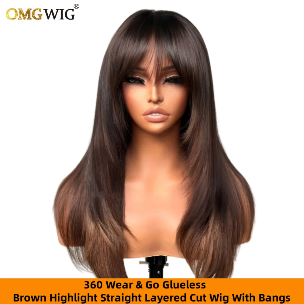 5x7/4x4 Glueless Lace Brown Highlight Color Straight Wig With Bangs 360 Lace Wear To Go Layered Cut Wig With Invisible Straps