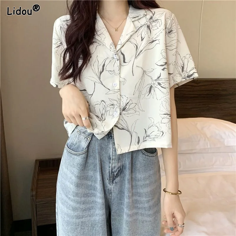 V-neck Tops Button Printing Straight Street Casual Young Style Fashion Loose Temperament Sweet Summer Thin Women's Clothing 2023 kohuijoo pink jeans woman 2022 summer thin fashion casual temperament high waist loose straight gradient jeans mopping pants