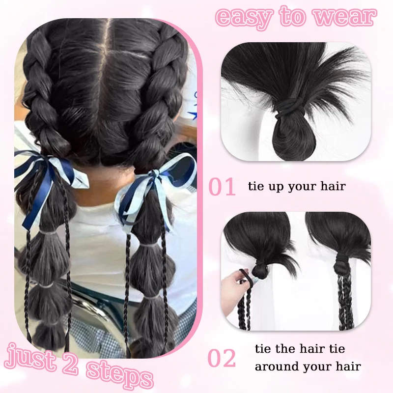 Synthetic Bubble Braids Hair Ponytail Wig for Kids&Girls Elastic Hair Tie Bubble Boxer Pigtail for Daily Use Cute Hairstyle