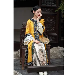 Qing Dynasty Satin Yellow Printed Cheongsam Cloak Chinese Vintage Heavy Industry Horse Face Skirt Original  Qipao Dress Modern