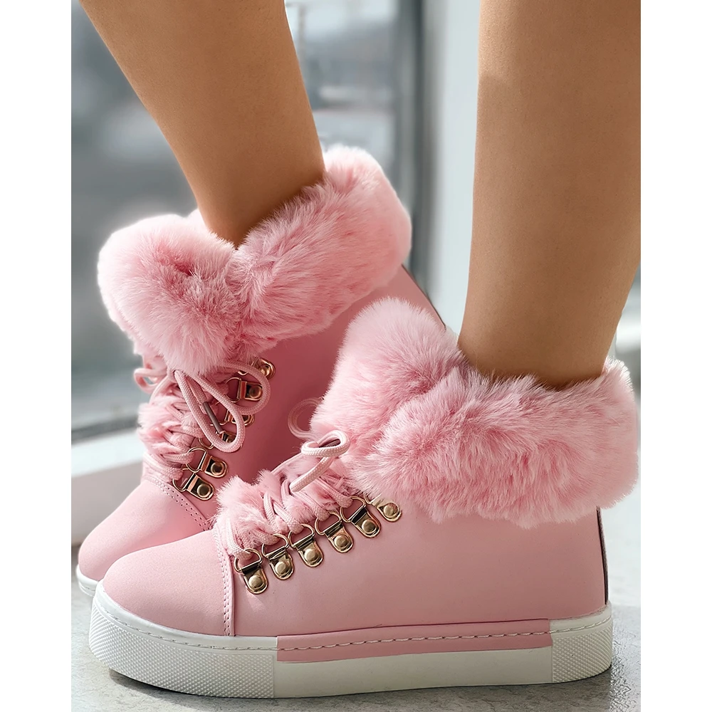 Christmas Winter Women Lace-up Fuzzy Lined Ankle Boots Casual Colorblock Round Toe Flat Ankle Snow Boots Daily Korean Style