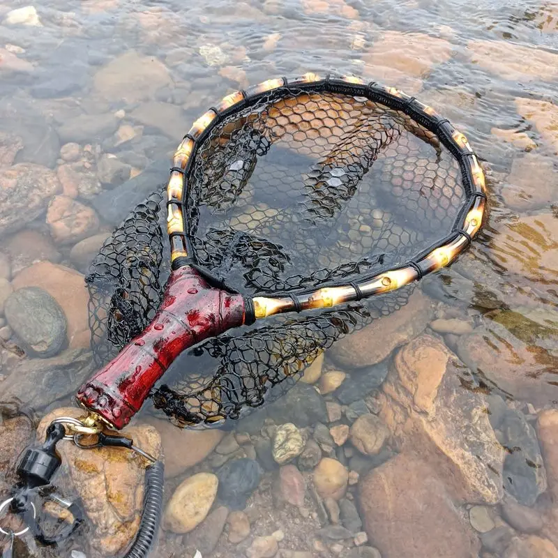 Pure Handmade Wooden handle Fly Fishing Hand Net Small Net Fly Fishing Stream Portable Bamboo Ware