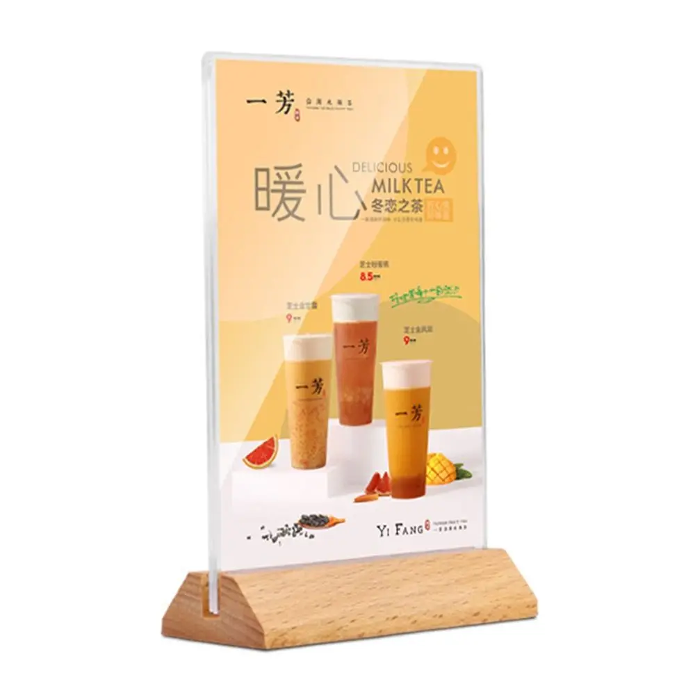 תצוגת תפריט דו צדדית מעץ עם מסגרת לכרטיסי תמונה וחתונה מאקרילית יצירתית לשולחן A4/A5/A6