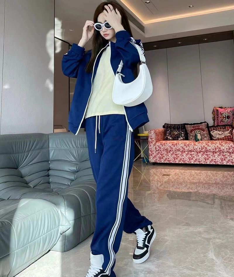 

Unisex Sporty Casual Stripe Zipper Stand Collar Coat Casual Straight Pants Suit Clothes Women Two Piece Outfits 2022 Pant Sets