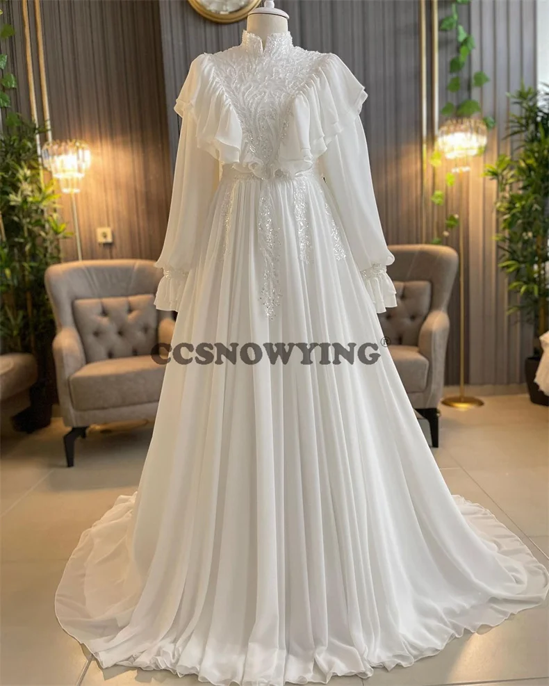 

Long Sleeve Chiffon Appliques Muslim Wedding Dresses for Bride High Neck Hijab Islamic Bridal Gown Arabic Vestidos De Novia
