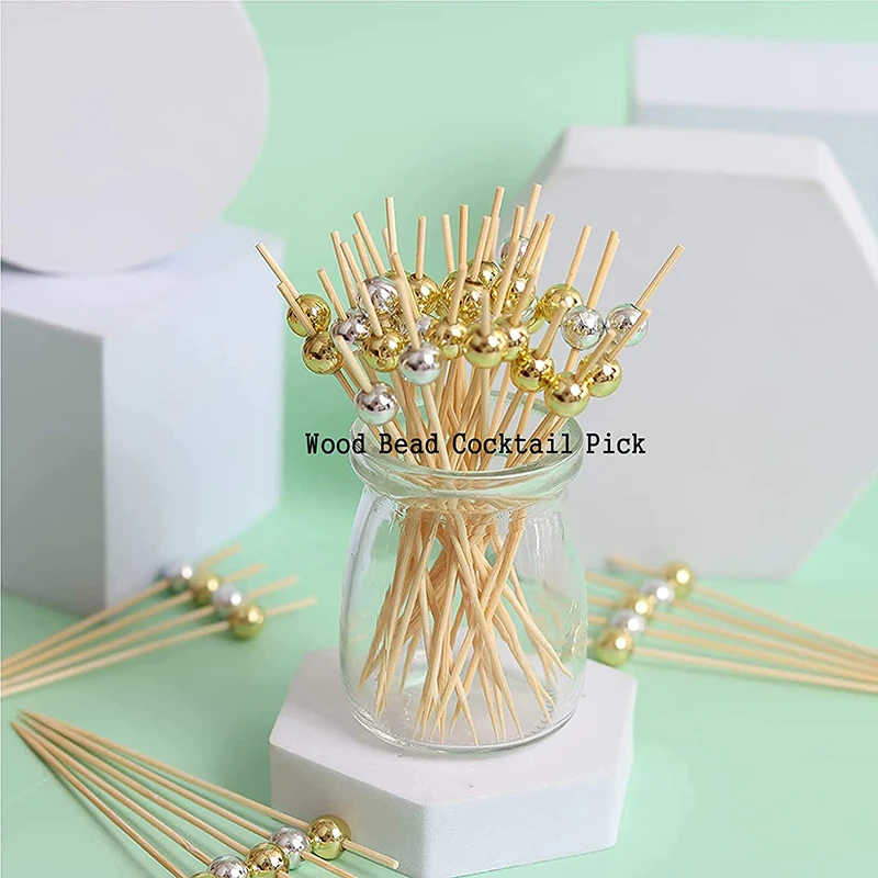 100pcs 12cm Disposable Bamboo Skewer Easter Bunny Buffet Food Picks Gold Beads Bamboo Fruit Sticks Salad Stick Toothpick Skewer