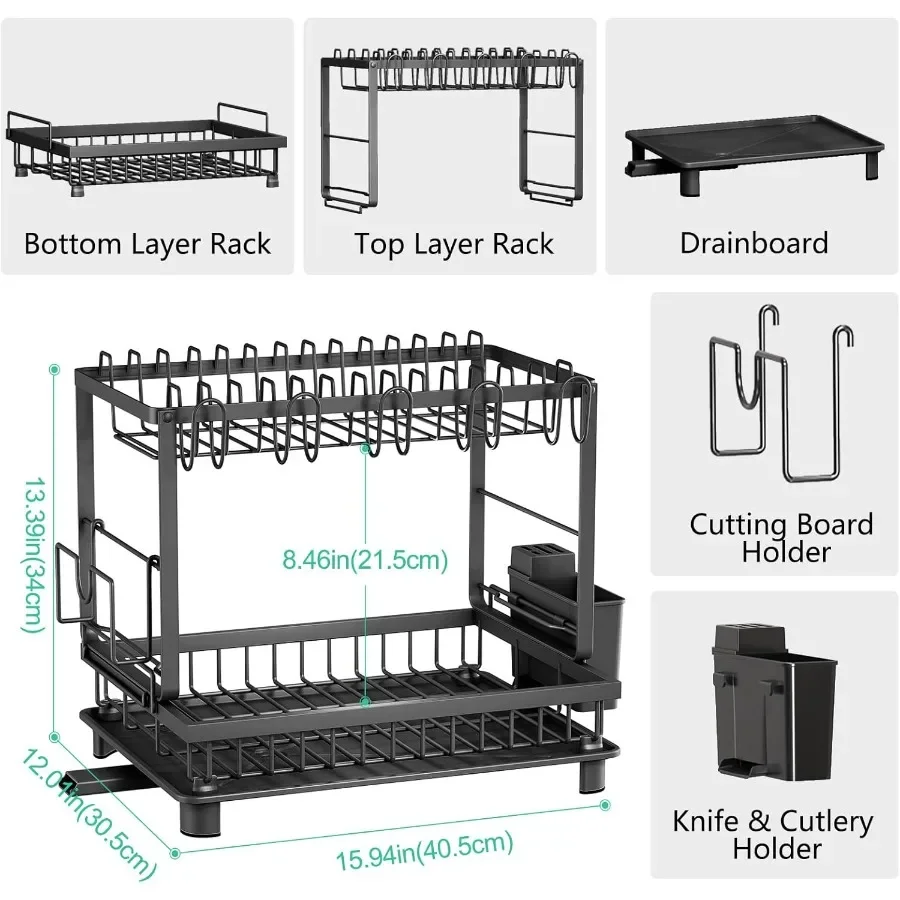 Multifunctional Dish Drying Rack Rustproof 2Tier Dish Racks with Drainboard SpaceSaving Design Utensil Cup Holder for Kitchen C