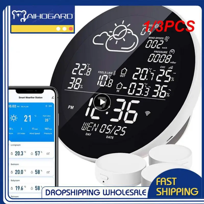 

1/3PCS Tuya Wifi Smart Weather Station with Clock Temperature and Humidity Meter Large Weather Clock Temp Humidity Gauge with 3