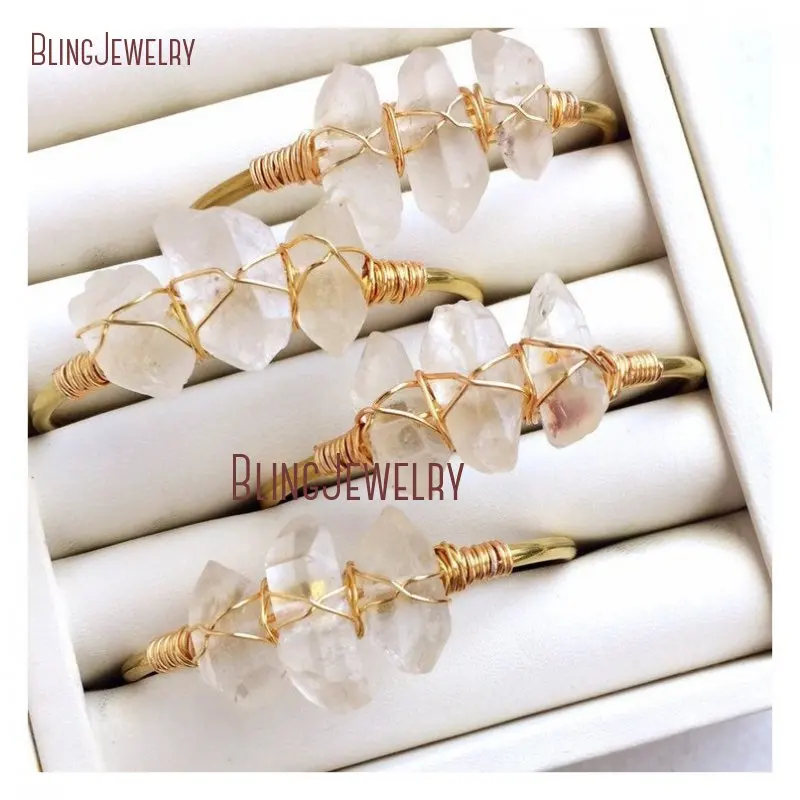 

Bridal Jewelry Women Wire Wrap Gold Color Stainless Steel Open Bangle Raw Crystal Clear Quartz Cuff Couple Bracelet