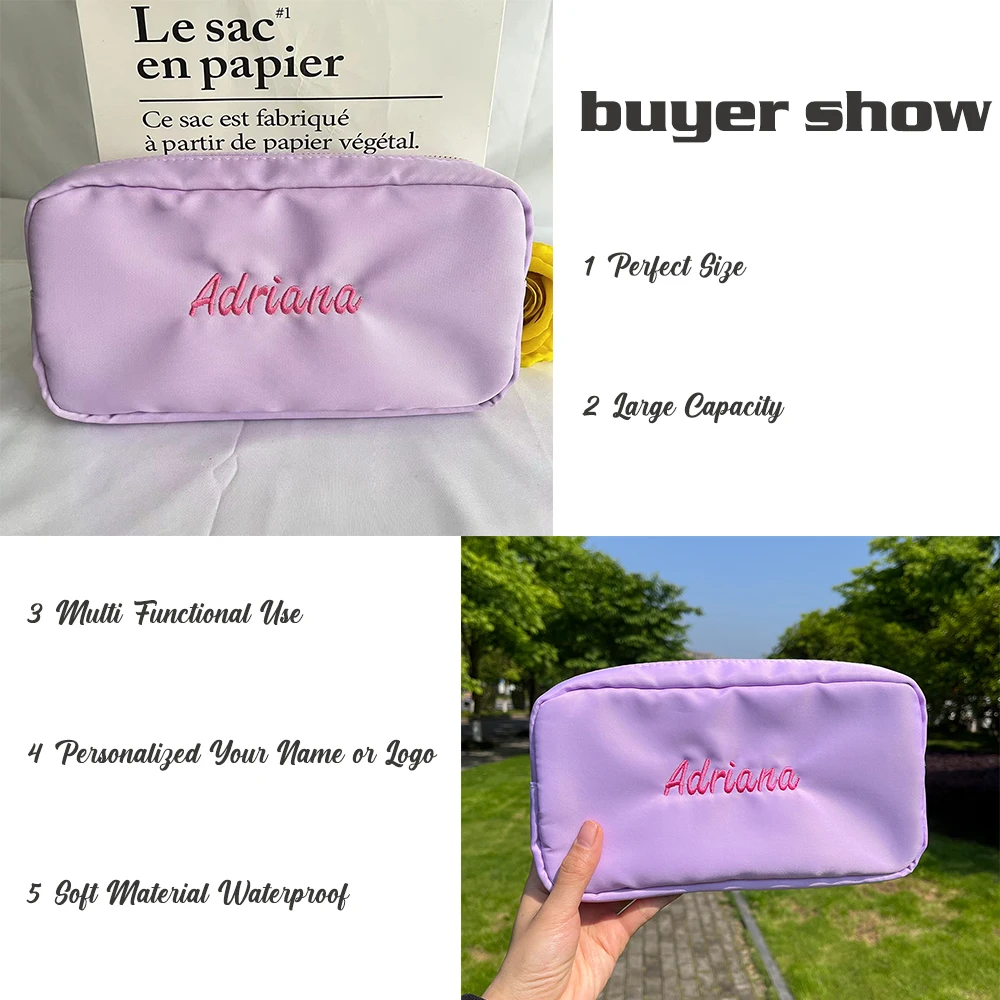 Personalized Embroidery High Capacity Makeup Bag Nylon Waterproof Travel Toiletry Bag for Women Girl Custom Name 2