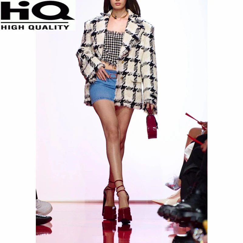 

0 Women Casual Contrast Color Plaid Frayed Button Pocket Wool Tweed Blazer