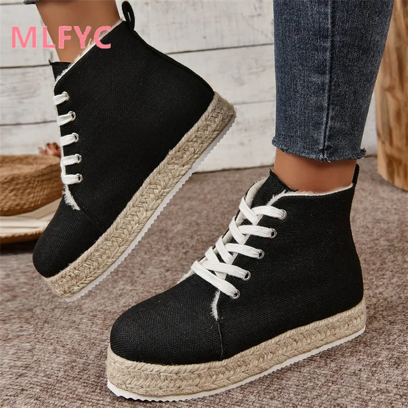 Retro Shoes Women Winter New Thick Sole Solid Color Fashion Casual High Top Single Shoes Ladies Round Toe Simple Flat Sole Boots