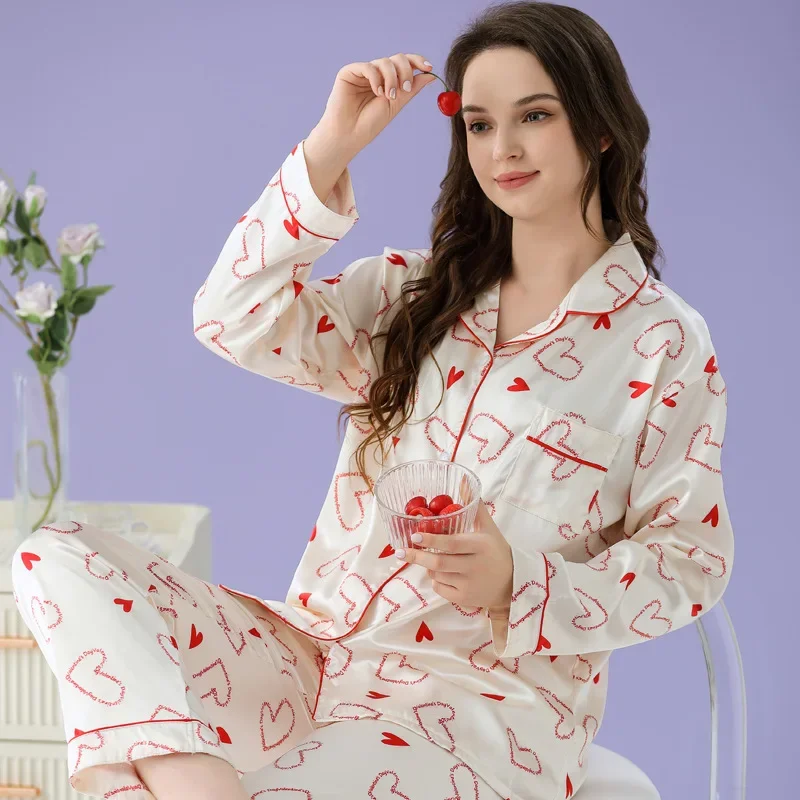 

Женские пижамные комплекты, Весенняя пижама из 2 предметов с принтом сердечек и сердечек, атласная пижама из искусственного шелка, пижама с длинным рукавом, Женская домашняя одежда