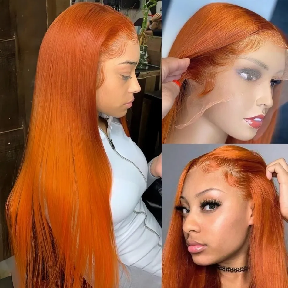 Ginger 13X6 Hd Lace Frontal Wig Straight Human Hair Wigs Orange Colored Preplucked 250 Density 100% Human Hair For Women 36 Inch