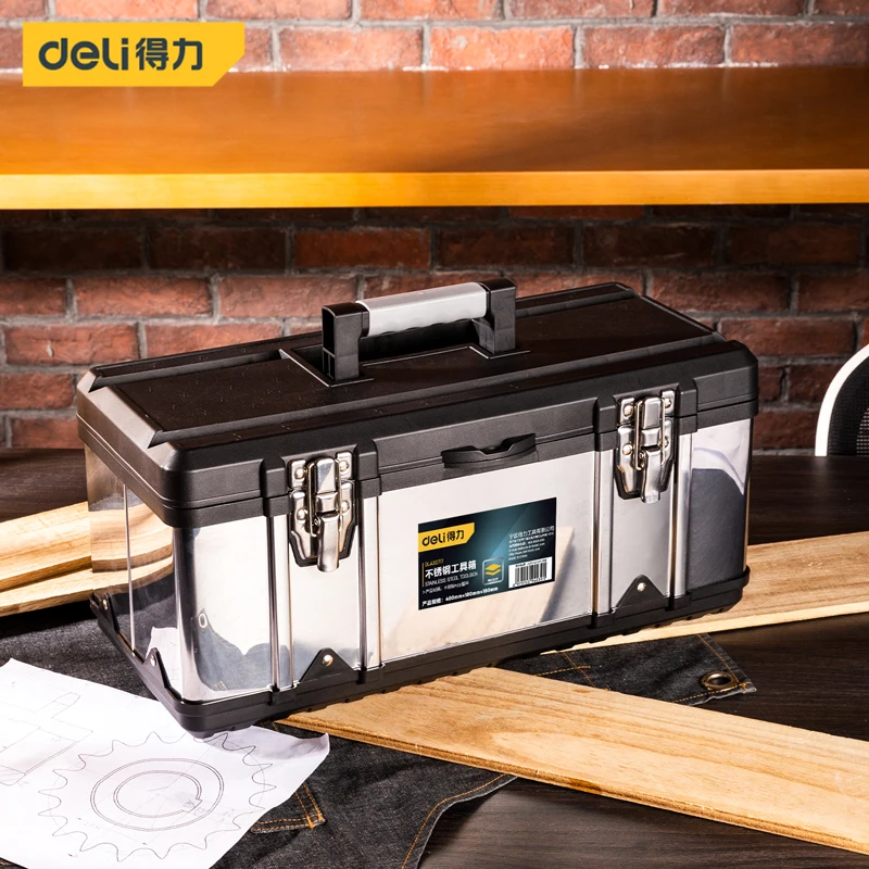 Deli 1 Pcs 17'' Stainless Steel Tool Case with Handle  Lock Design Multifunction Tools Storage Box Workers Portable Organizers 2