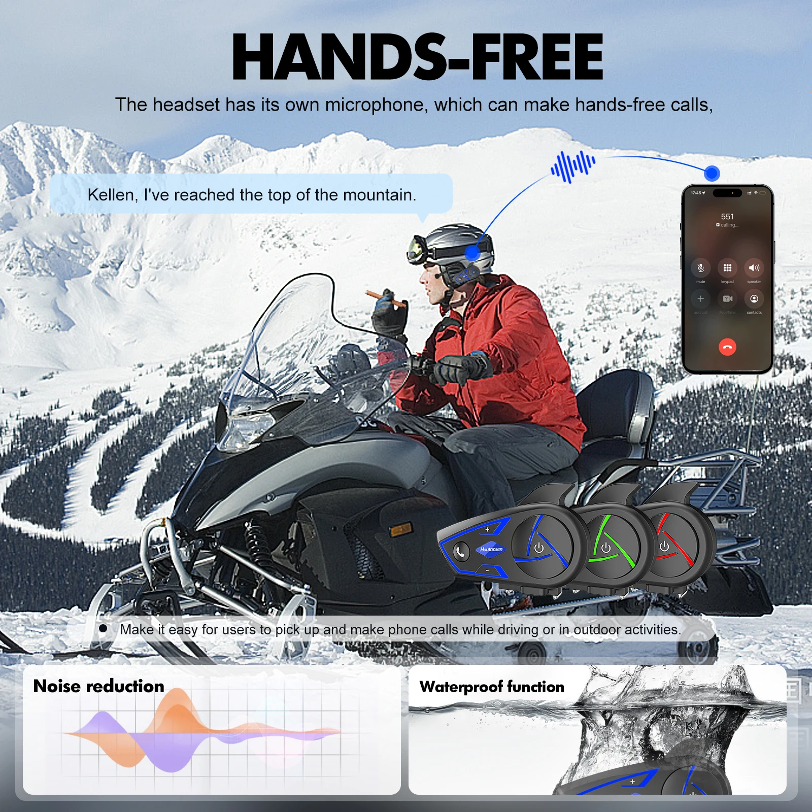 Houtonsen S3 Motorcycle Helmet Bluetooth Headset Intercom Wireless 1000M Interphone RGB Tri-Color Ambient Light Waterproof