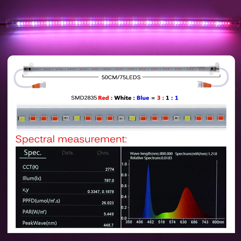 220V LED Grow Bar Light 75LEDs 50cm Phytolamp Full Spectrum Plant Grow Lamp with Switch for Greenhouses Tent Flowers Seeding