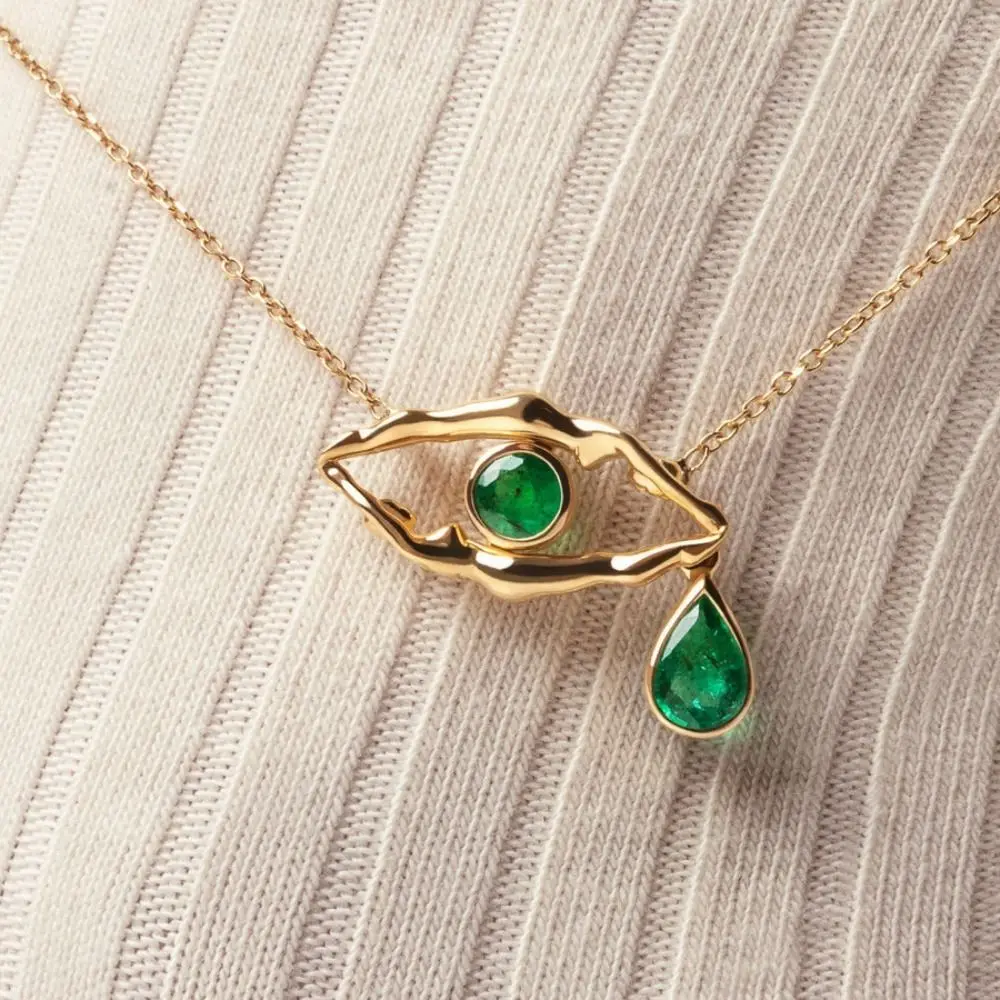 Trendy Emerald Devil's Eye Necklace Elegant Geometry Water Droplet Gold Necklace Entangle Fashion Opening Finger Ring Jewelry