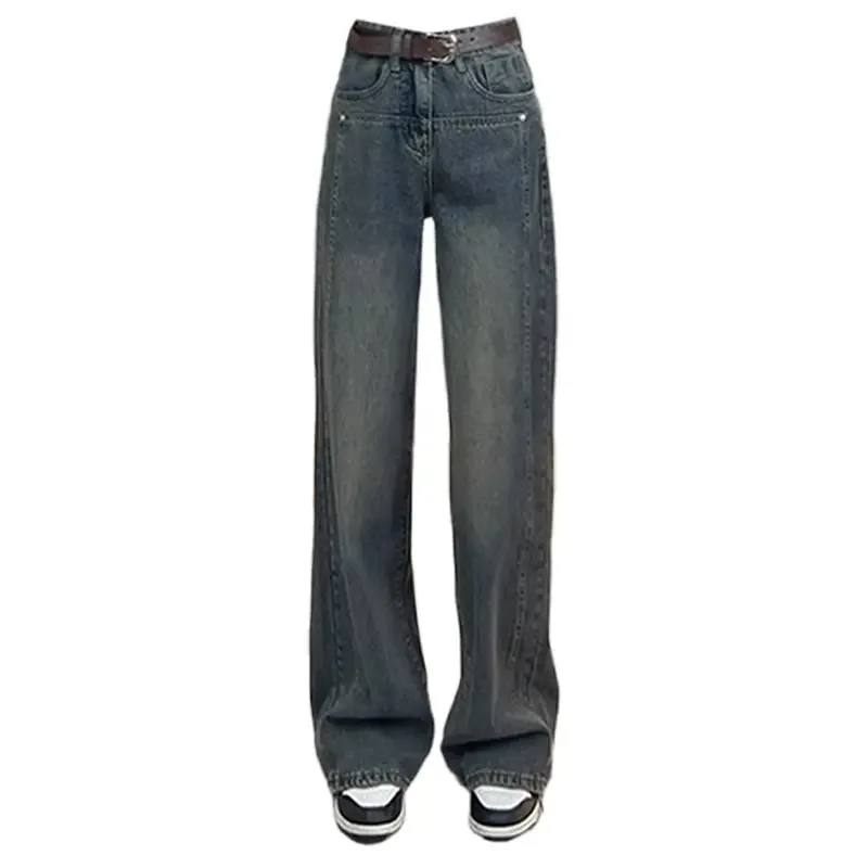 Advanced Cement Grey High Waisted Wide Leg Jeans for Women's New Retro Loose Straight Leg Floor Pants 5