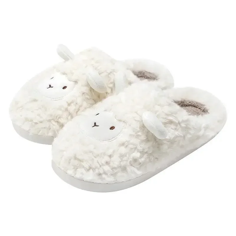 Women Winter Thick Platform Non-slip Cute Sheep Slippers Men Warm Indoor Fur Cotton Sandals Couples Ladies Outdoor Cartoon Shoes 6