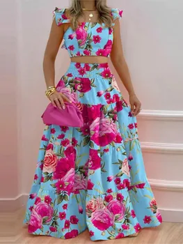 Summer Commuting Mid-waist Sexy Exposed Waist Suspender Skirt Fashion Set Women's Elegant Temperament Slim Casual Two-piece Set 1