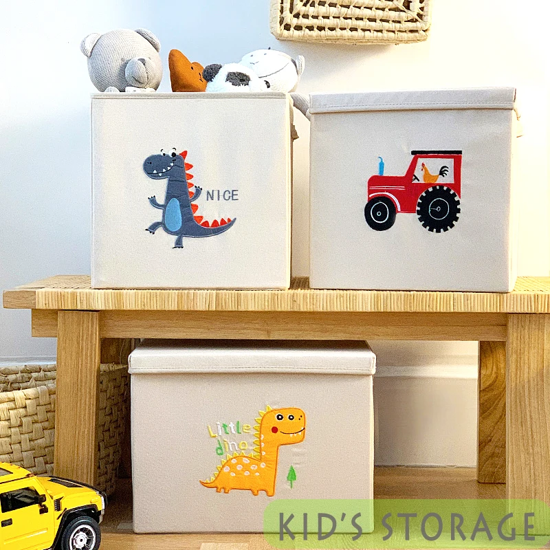 

BEIGE KID’S STORAGE BOX LID CUBE RECTANGLE HANDLE DINO APPLIQUE ICON FOLDING WASHABLE HOME KINDERGARTEN SUNDRIES TOYS ORGANIZER