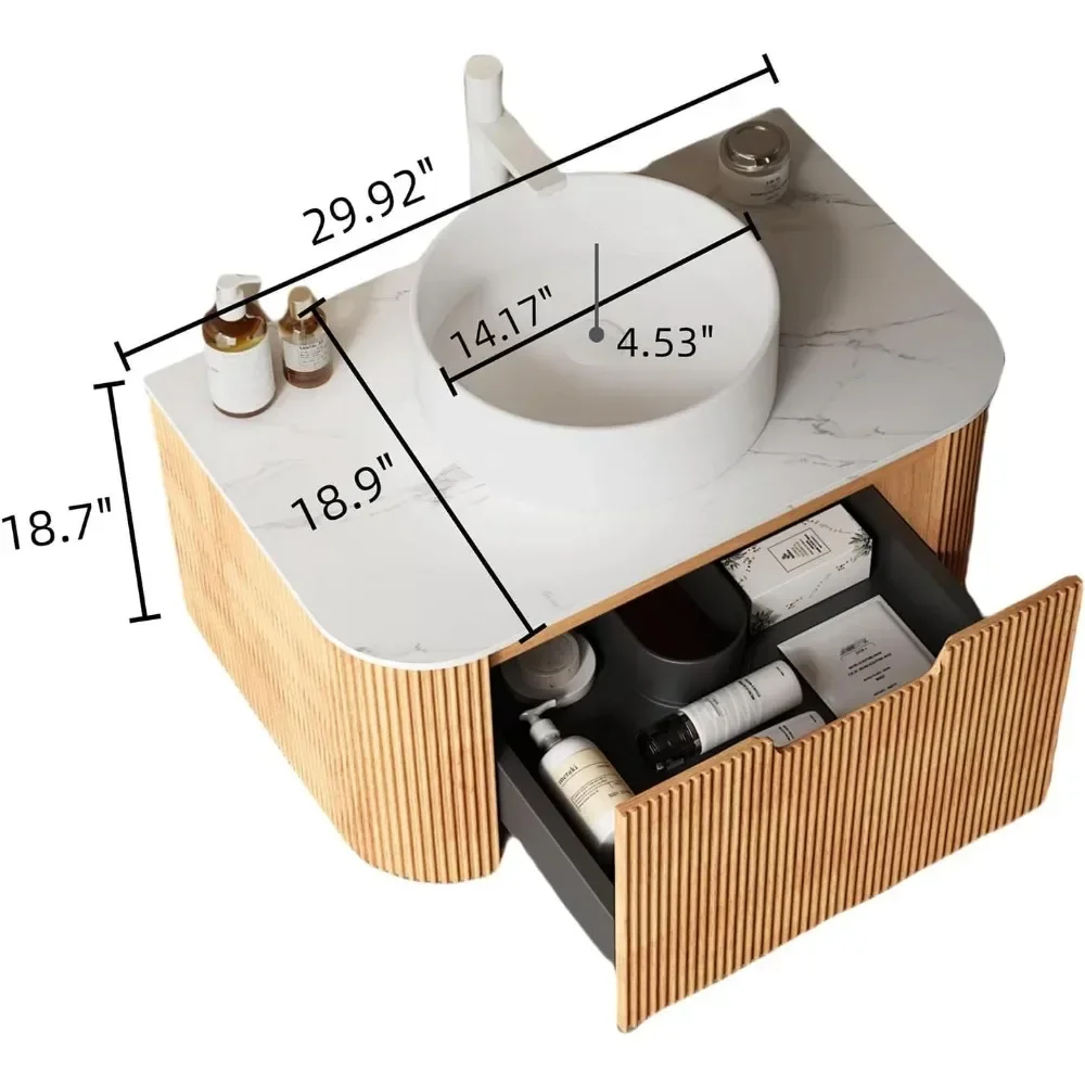 24-Inch Modern Bathroom Vanity with Sink, Floating Cabinet with Ultra-Thin Ceramic Basin and Marble Top, Extra Large Storage 2