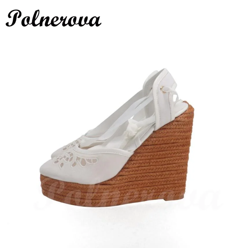 Blue White Flower Print Graffiti Espadrilles Wedge Sandals High Heels Platform Ankle Strap Wedge Sandals Round Toe Summer Shoes