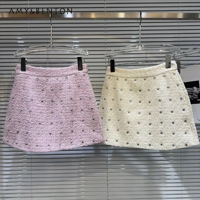 2023 Winter New Classic Short Mini Skirts Particle Rhinestone Diamond Drills Tweed Short Skirt A-Line Y2k Skirt Women's Clothing