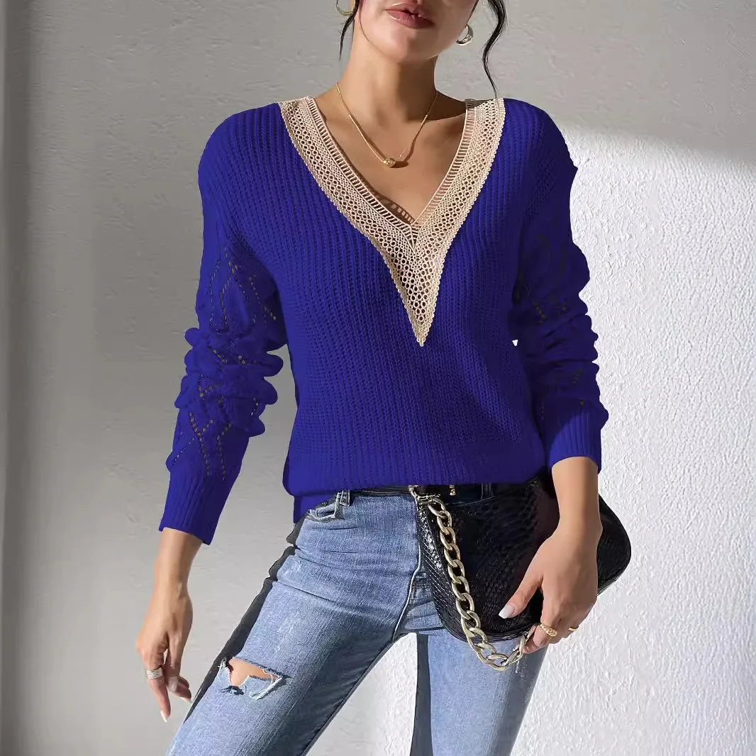 Women V Neck Long Sleeve Lace Knitted Pullover Sweater