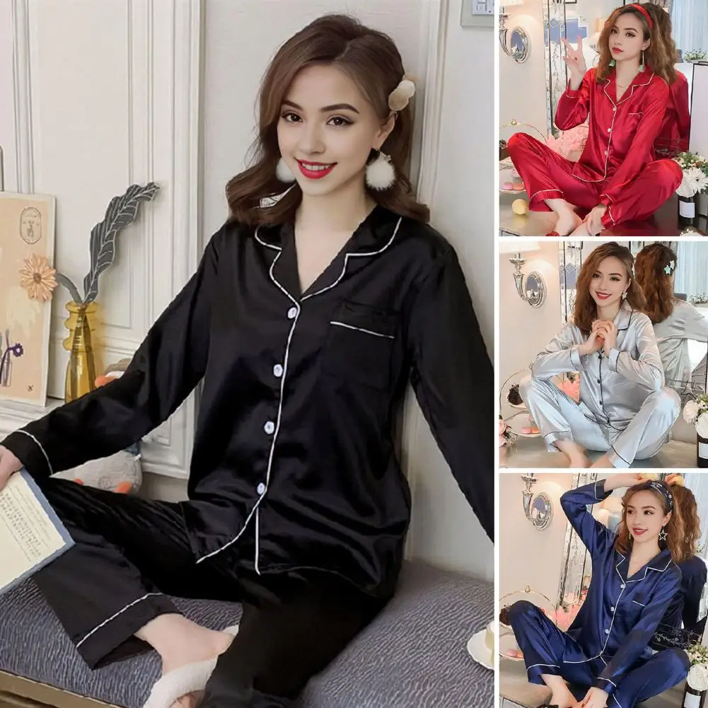 

Women Two-piece Loungewear Set Women's Silky Ice Silk Pajamas Set with Lapel Long Sleeve Shirt Wide Leg Pants Solid Color