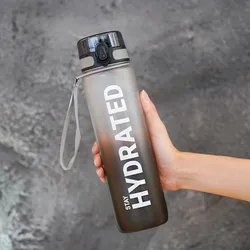 1000ml Gradient Sports Water Bottle with Time Marker - Leak - Proof & Durable - 1.0L (Gray and black)